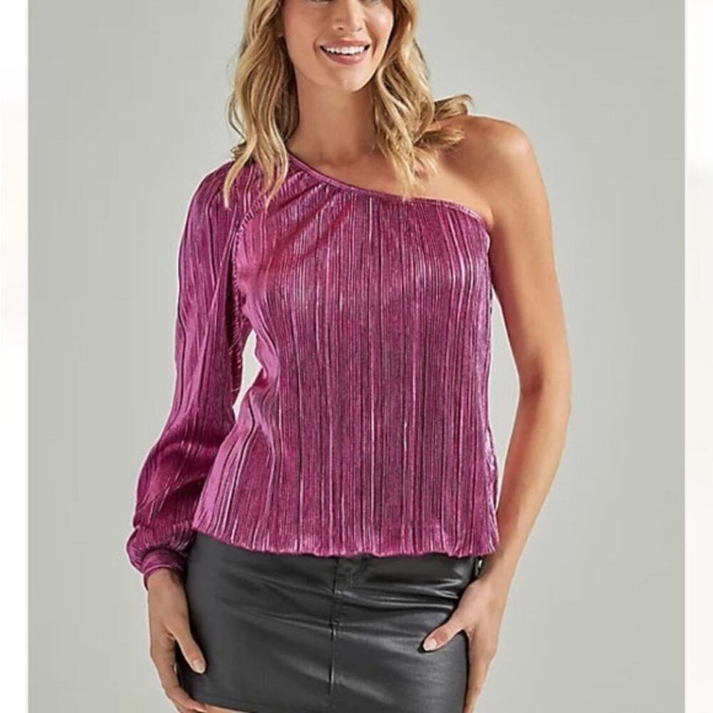 NEW WRANGLER RETRO ONE SHOULDER HOT PINK FOIL PLISSE ONE SHOULDER TOP SZ L